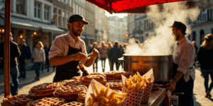 Belgium vendor selling waffles and fries