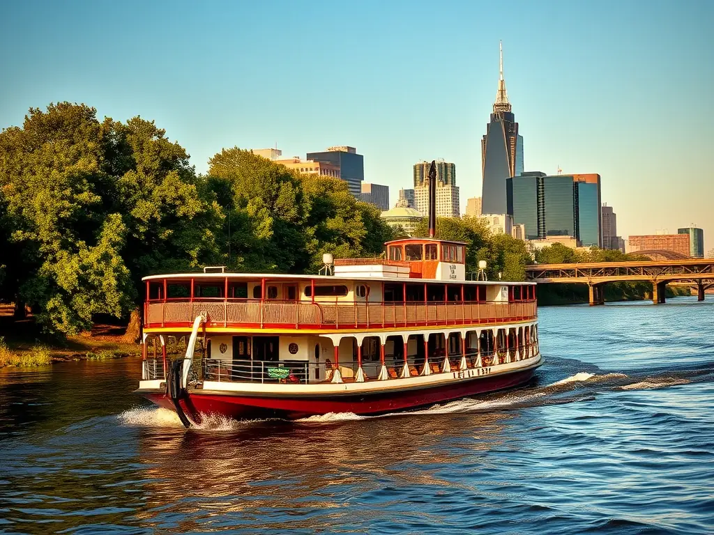 Ferry boat floating down the river in Memphis TN
