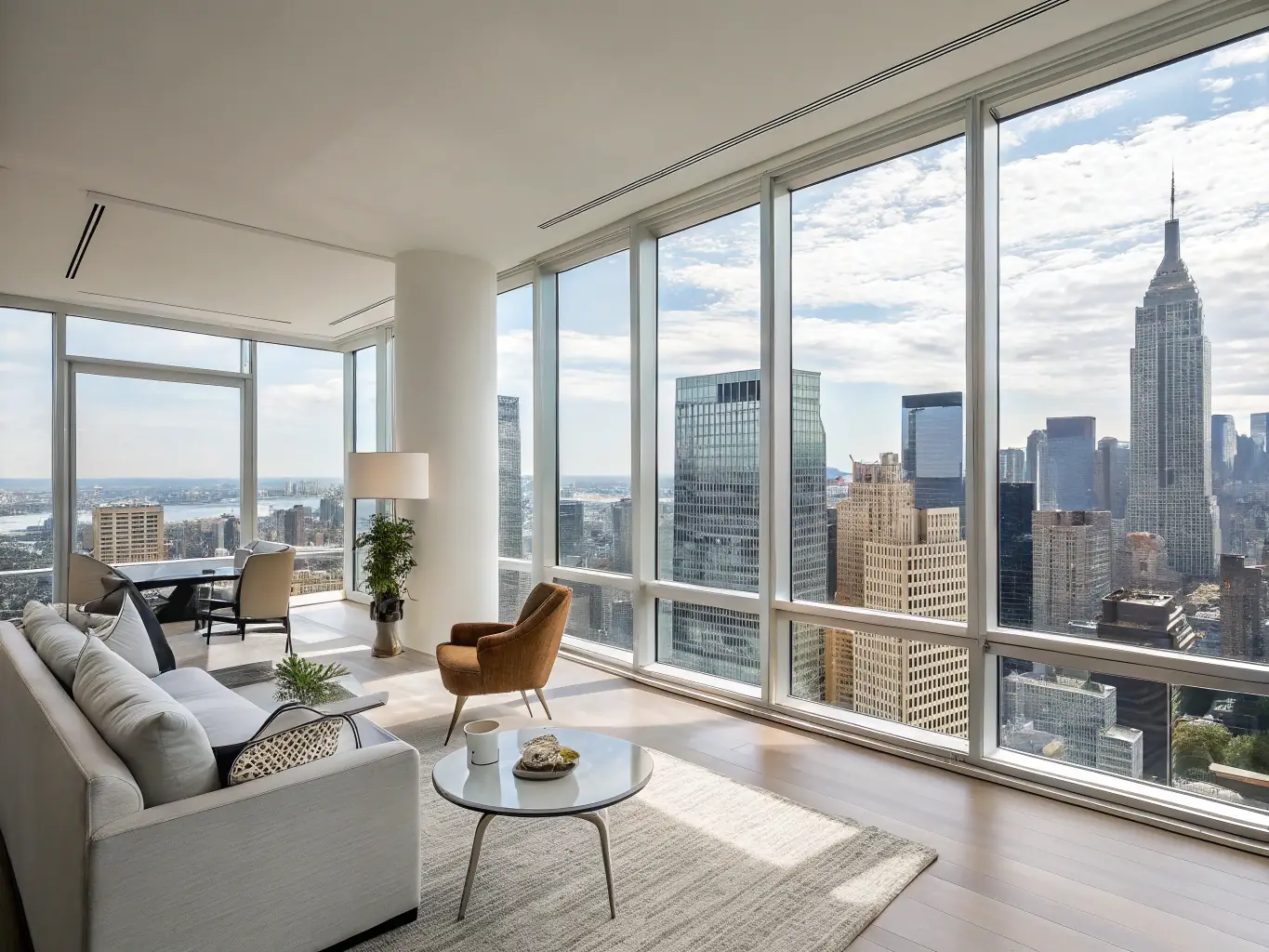 A sleek and modern city apartment with floor-to-ceiling windows overlooking a vibrant cityscape at night. The interior is minimalist and stylish, with comfortable furniture and state-of-the-art amenities.