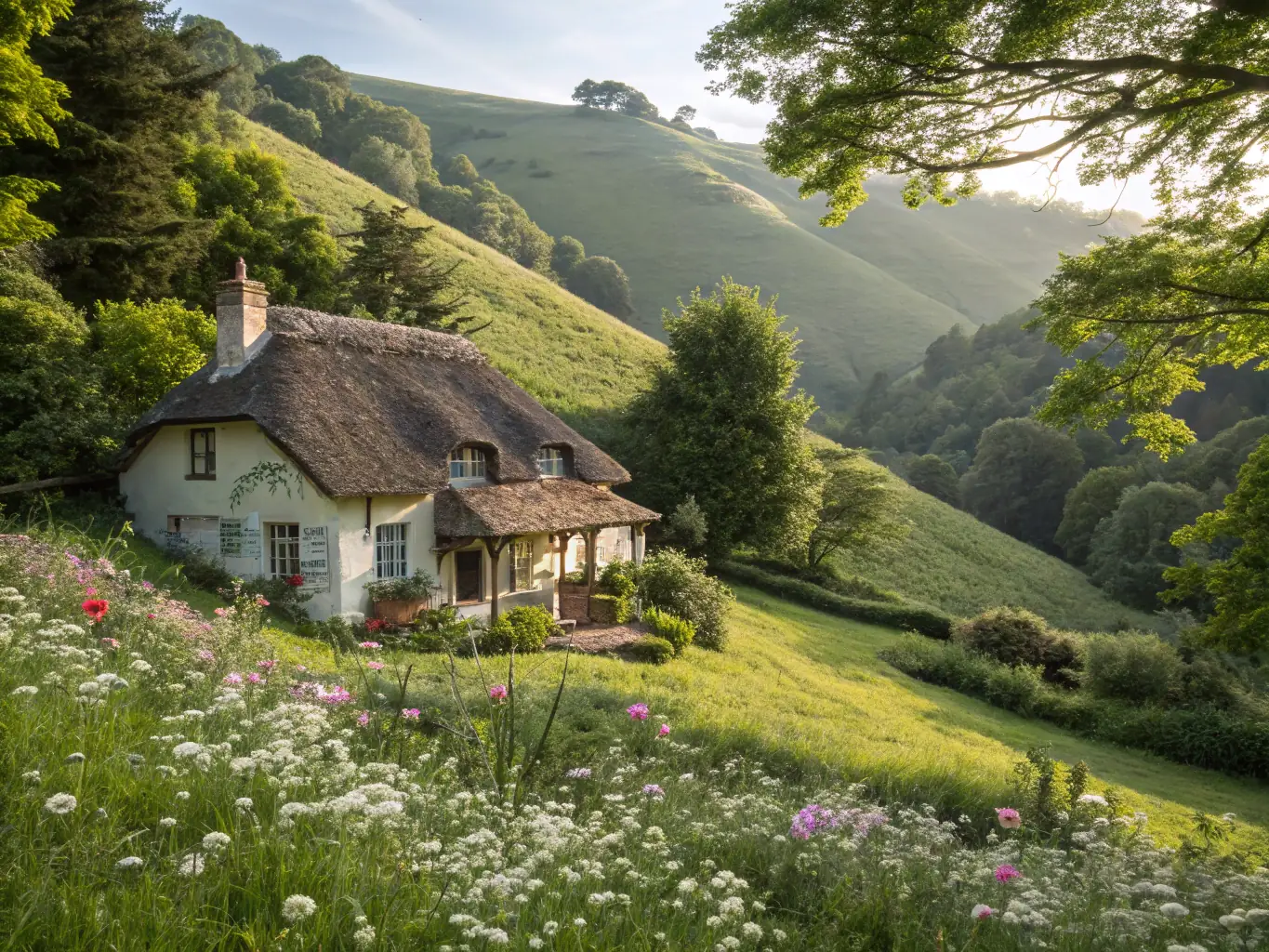 A charming countryside cottage with a stone exterior and a lush garden. The cottage is surrounded by rolling hills and vineyards, creating a peaceful and idyllic setting. Smoke is coming out of the chimney.
