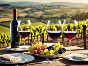 A table with glasses of red wine and bottle of red wine. A vineyard set as the background.