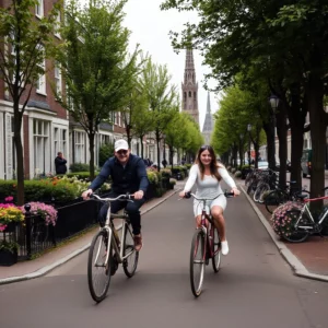Couple biking in the Netherlands
