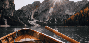 Scenic view from brown canoe