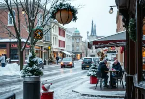 winter in a small town, street view from a cafe during the holidays