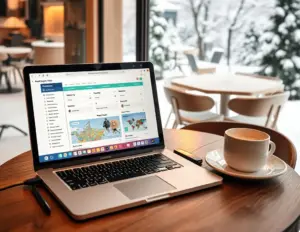 labtop with travel planner on the screen in a cafe