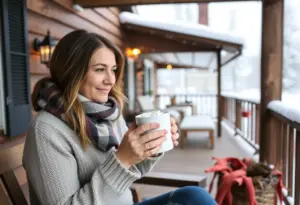 Woman sitting on porch drinking. hot cocoa