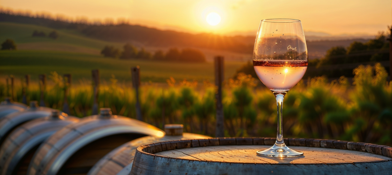 Rosé Wine Glass on a Barrel Outdoors at Sunset