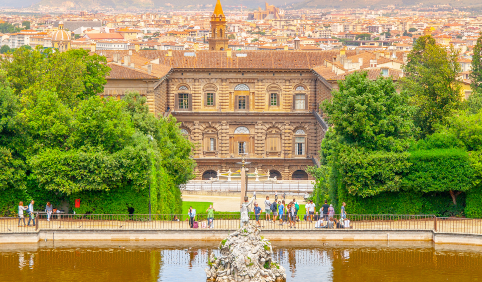 Fountain of Neptune and Palazzo Pitti in Boboli Gardens, Florence, Italy
