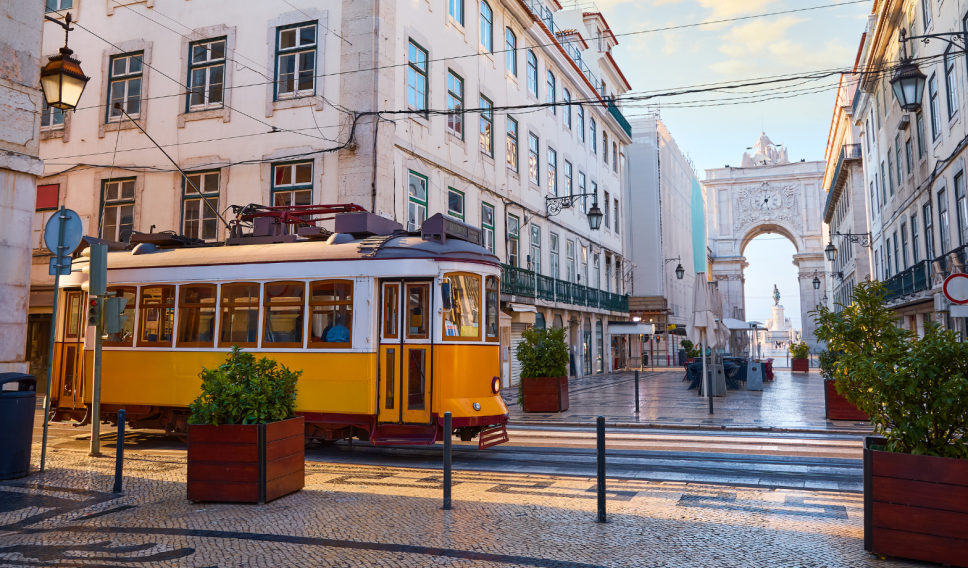 Yellow touristic retro tram in Lisbon
