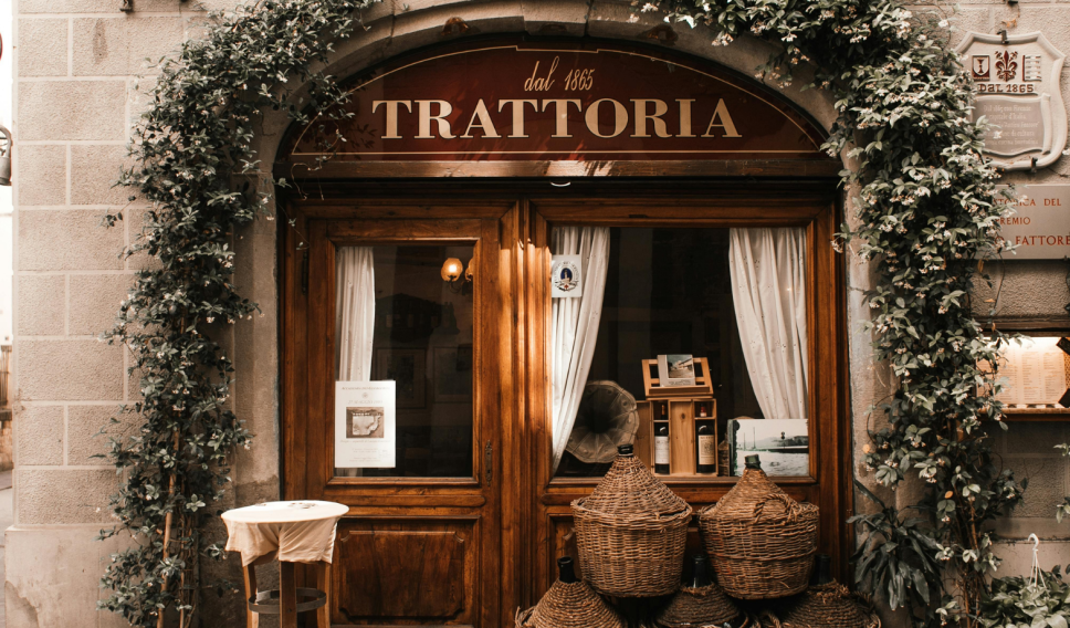 The front of Trattoria restaurant in Italy.
