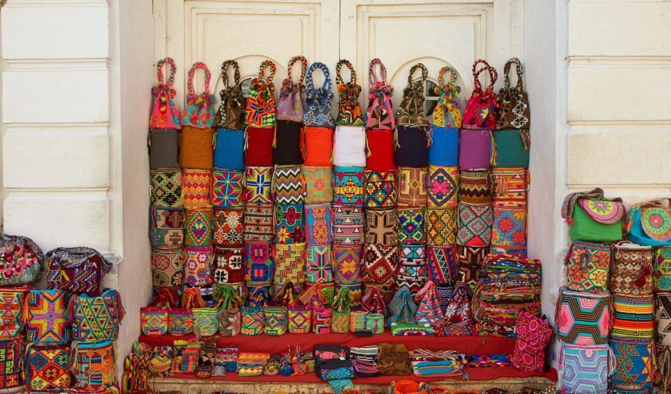 Colorful bags for sale on a street market in Cartagena
