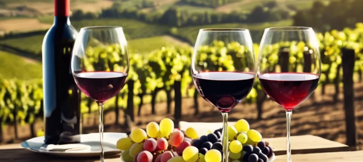 A table with glasses of red wine and bottle of red wine. A vineyard set as the background.