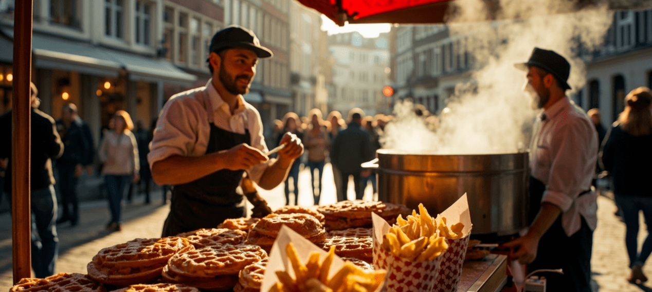 Belgium vendor selling waffles and fries