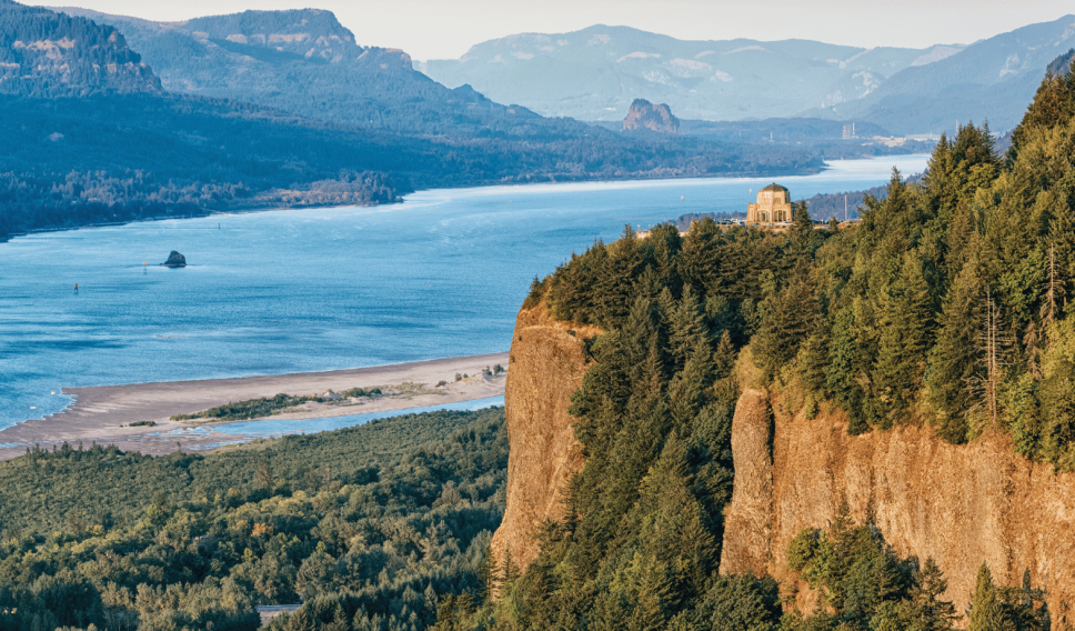 Sunny scenic view of Columbia Gorge