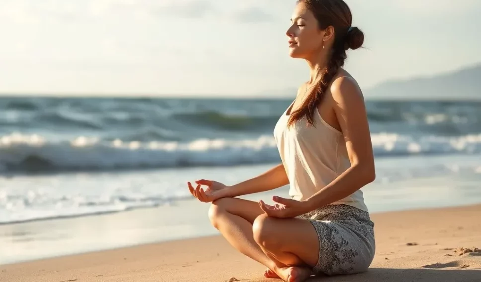 Woman on the beach meditating