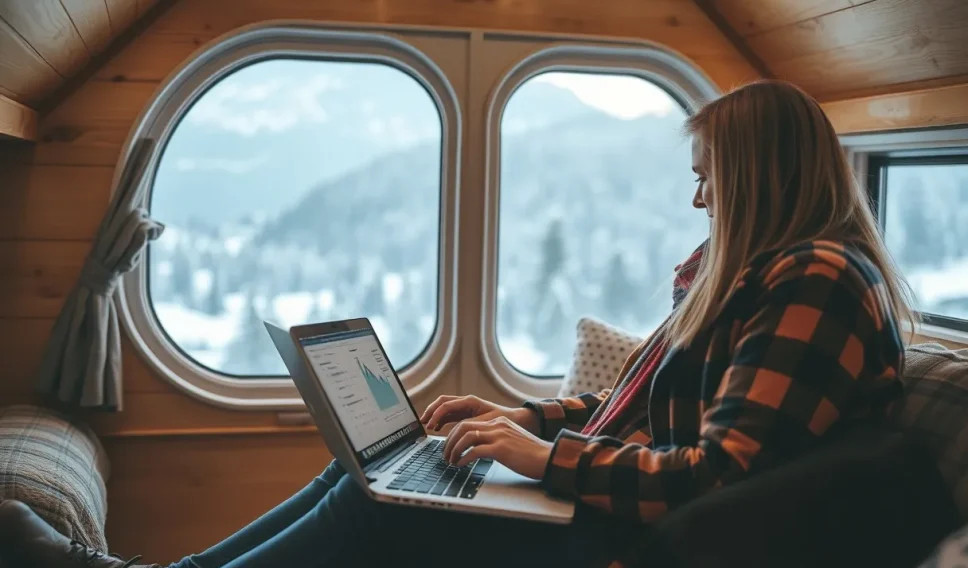 woman typing on her labtop in her van