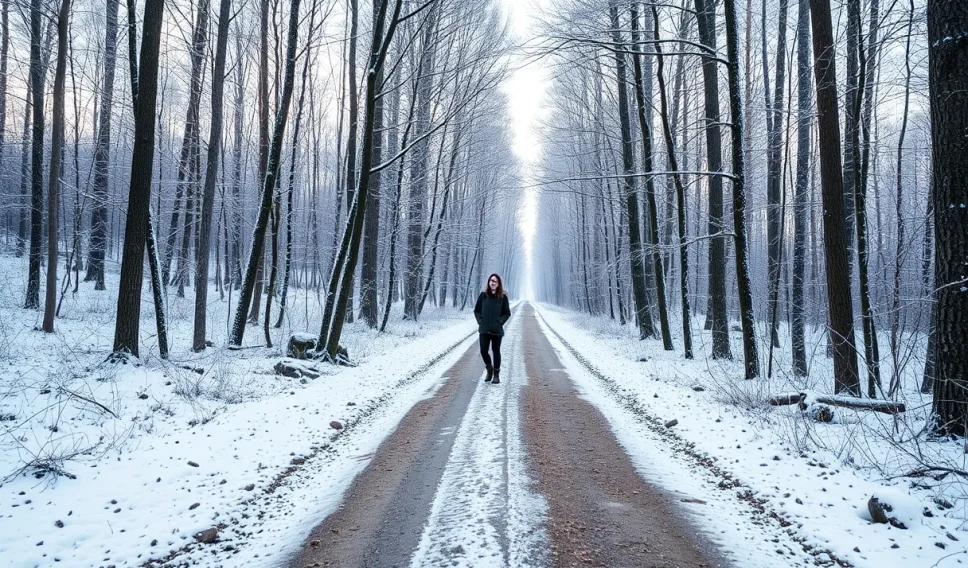 Woman standing in the middle of a path in a snow covered forest
