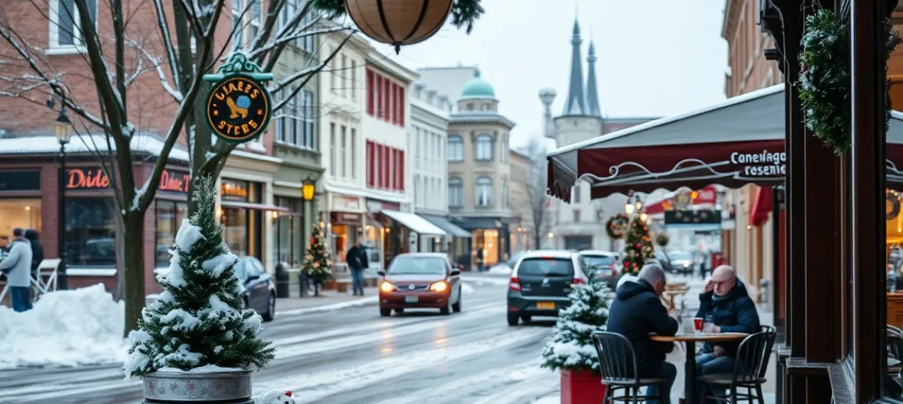 winter in a small town, street view from a cafe during the holidays