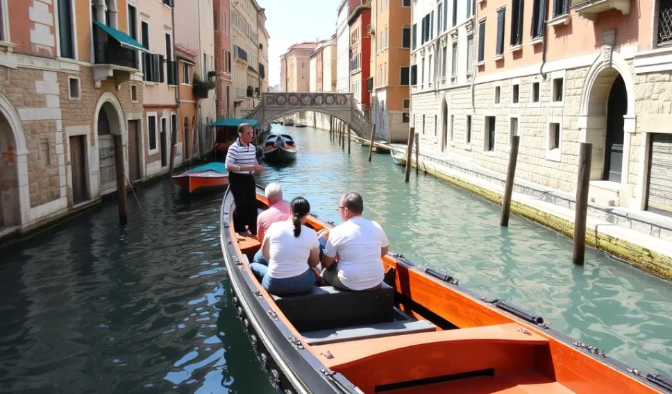 Couple riding a gondola in Italy