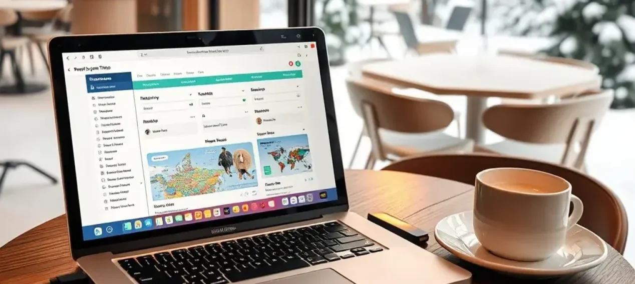 labtop with travel planner on the screen in a cafe
