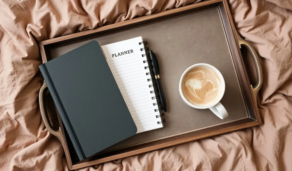 Lay out view of planner and hot drink on a tray