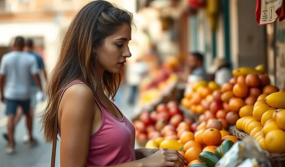 Woman looking at fruit at a cuban street market