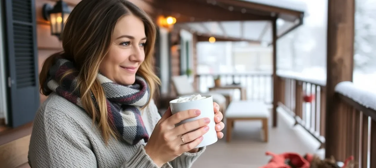 Woman sitting on porch drinking. hot cocoa