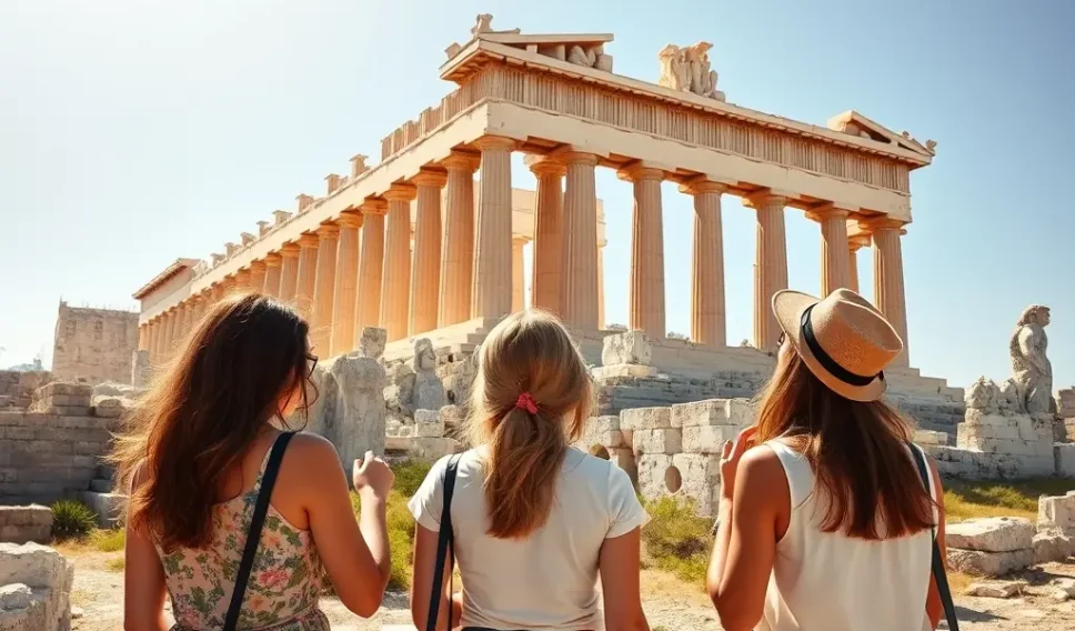 Girlfriends visiting the Acropolis during the summer