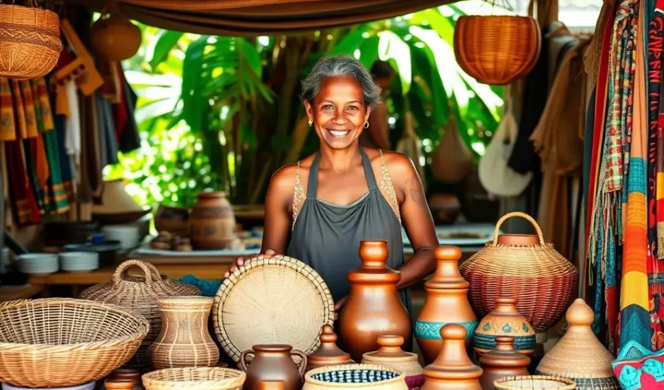 Belizean woman in a market selling handmade goods.