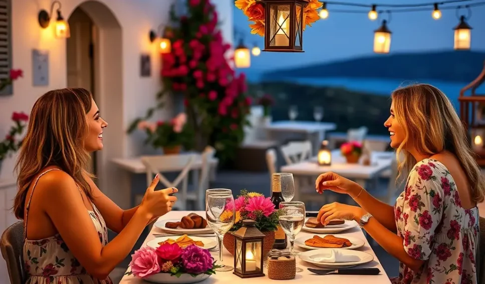 Two girlfriends having diner together at a Grecian restaurant