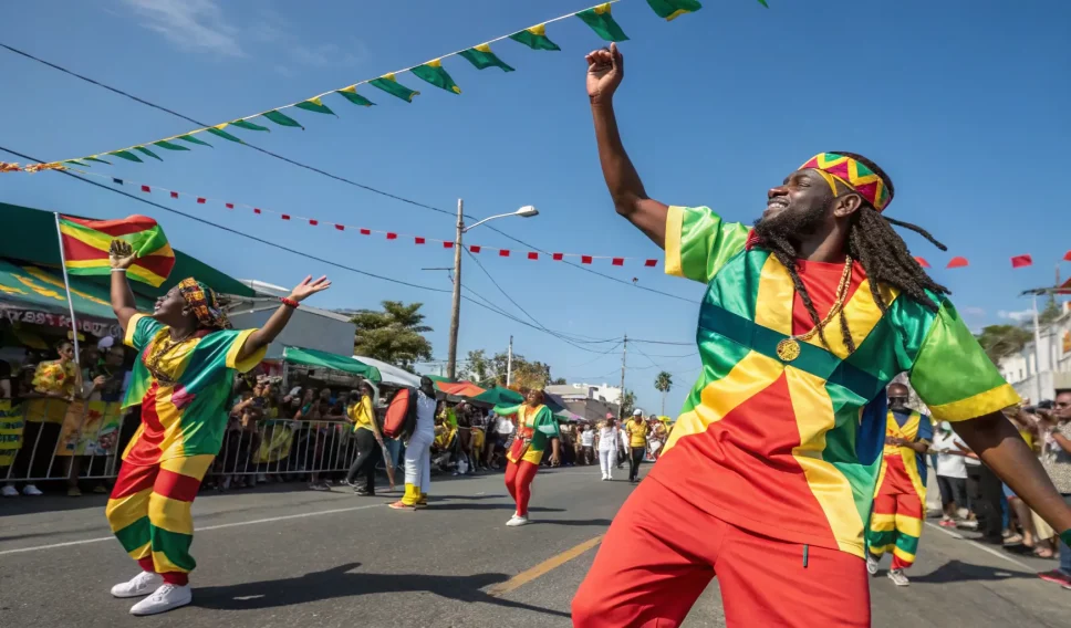 Belizean men dancing in the street Belize carnival