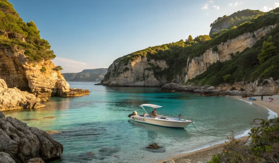 Boat floating off shore of the Aegean Sea in Greece