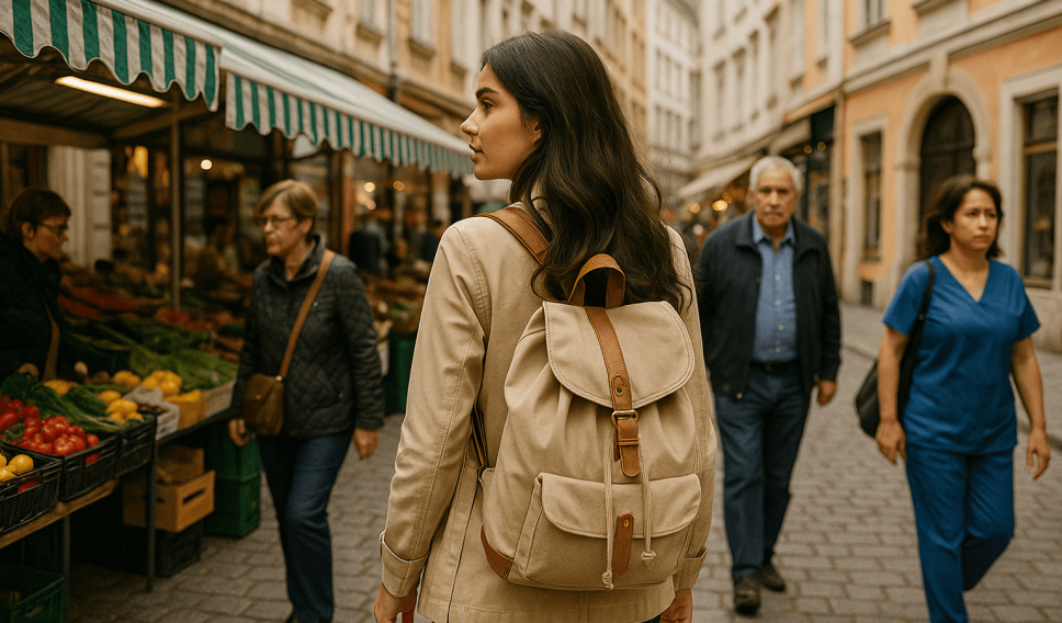 Woman with a backpack walking through a semi busy street market in Vienna